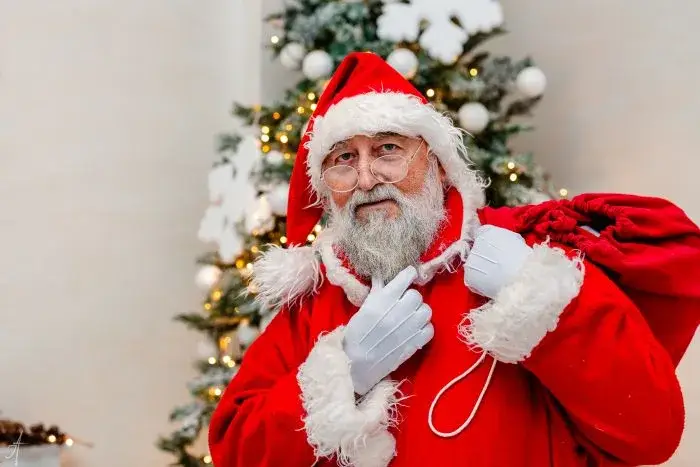 Portret al Moșului cu barbă albă și sacul de daruri pe umăr, lângă bradul împodobit